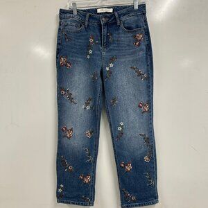 0444 Cato Women’s Boho Floral Embroidered Jeans – Mid Wash Straight Leg Denim 8